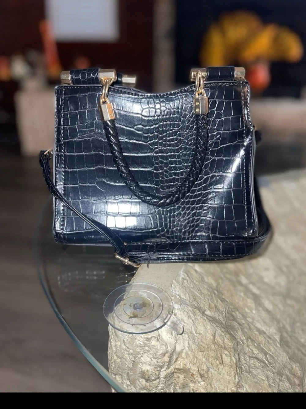 Bebe au Lait Black Croc-Embossed Mini Satchel with Gold Hardware